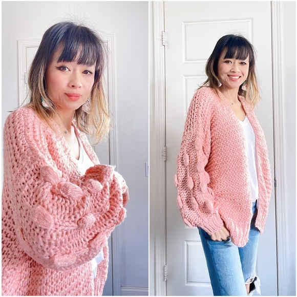 #33 Cozy Pink Oversized Open Front Pom Pom Cardigan - Picture 6 of 6